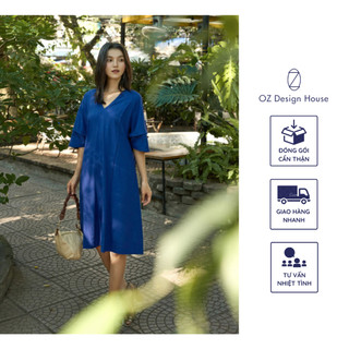 Đầm nữ OZ Design House DA01396AUT23 linen cổ tim tay nối màu xanh lam đậm