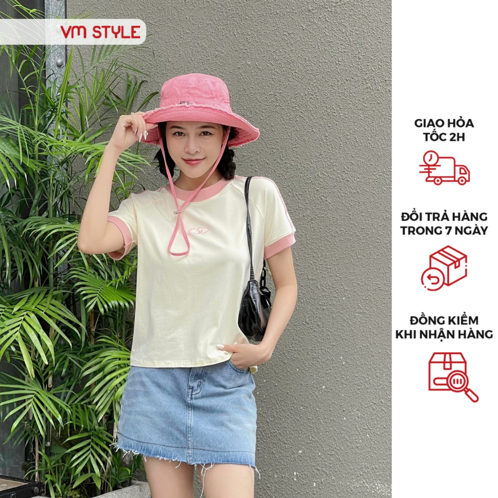 Áo thun nữ VMSTYLE babytee tay ngắn phối viền thêu hình 37195 - ATU00567