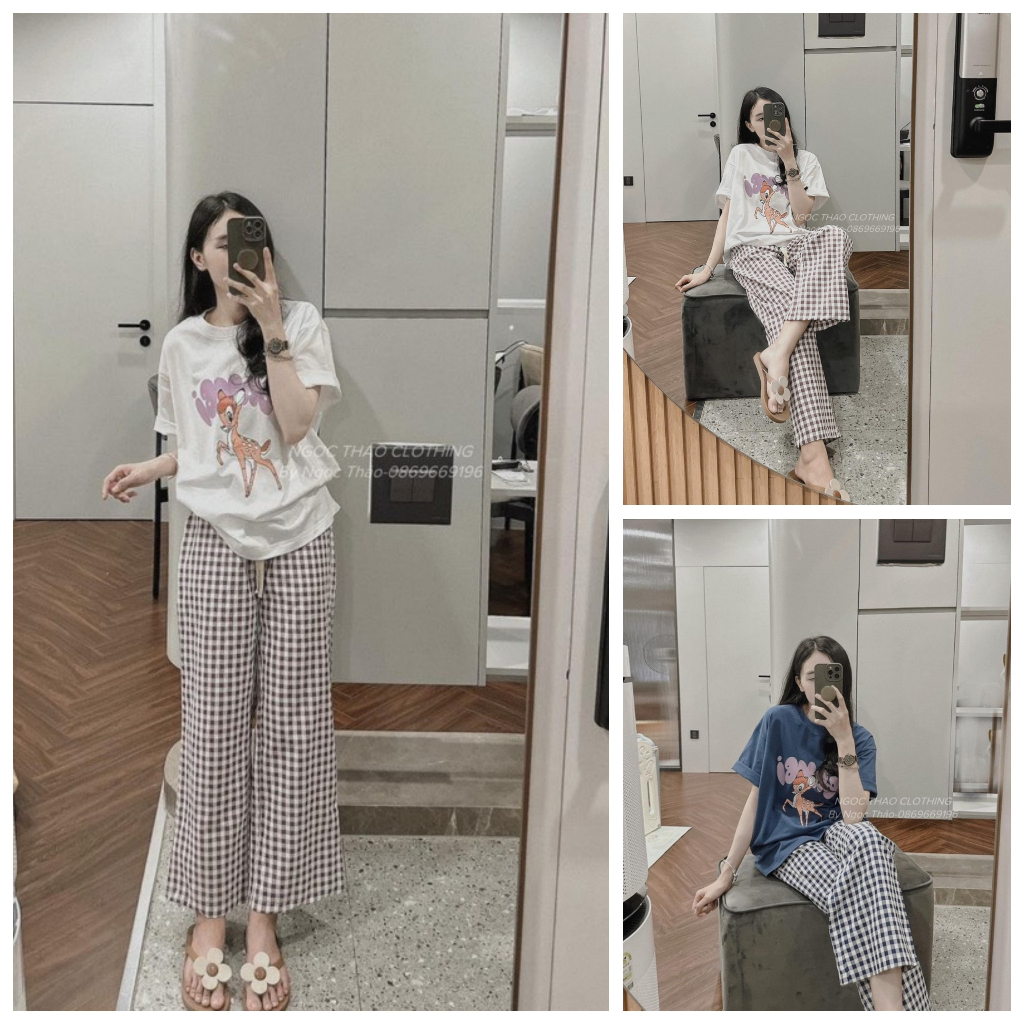 Set bộ dồ nữ áo phông rộng họa tiết xinh xắn cao cấp mix quần sọc kẻ vuông dáng dài thích hợp đi chơi, dạo phố