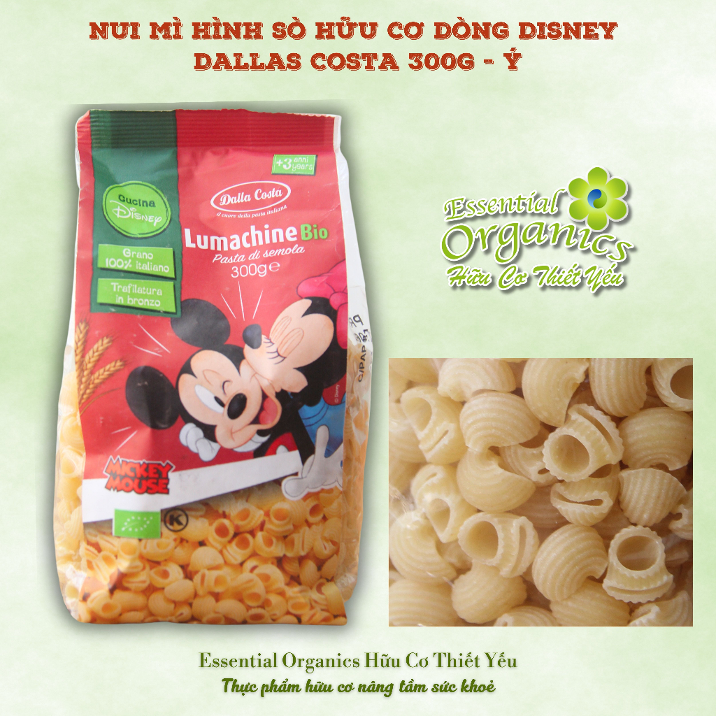 Nui Hình Nơ/Sò/Nui Ống Hữu Cơ Cho Bé Ăn Dặm Dalla Costa Organic Disney LumaChine Bio 300gr - Ý