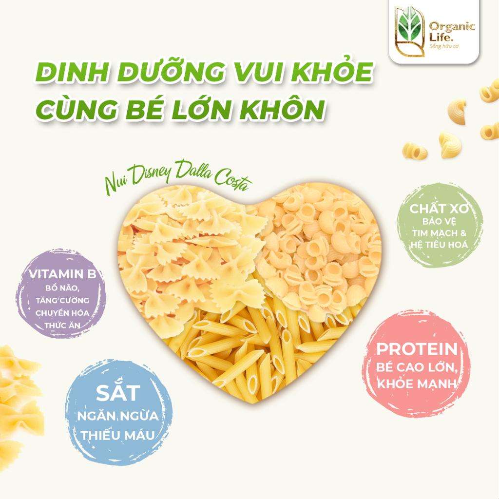 Nui Hình Nơ/Sò/Nui Ống Hữu Cơ Cho Bé Ăn Dặm Dalla Costa Organic Disney LumaChine Bio 300gr - Ý