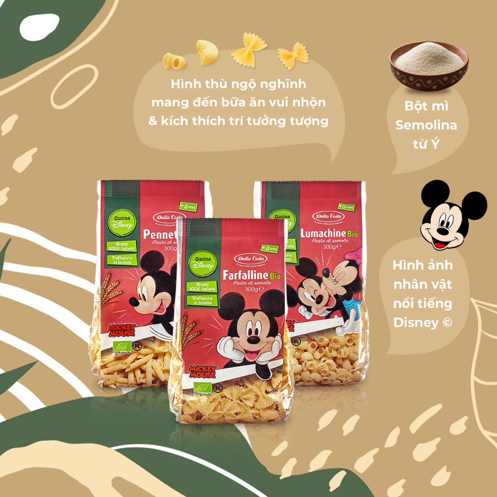 Nui Hình Nơ/Sò/Nui Ống Hữu Cơ Cho Bé Ăn Dặm Dalla Costa Organic Disney LumaChine Bio 300gr - Ý