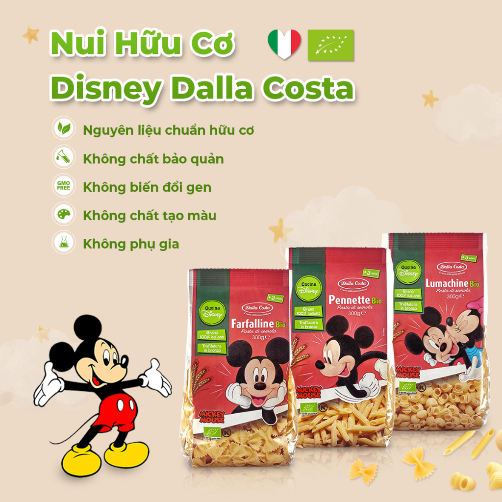 Nui Hình Nơ/Sò/Nui Ống Hữu Cơ Cho Bé Ăn Dặm Dalla Costa Organic Disney LumaChine Bio 300gr - Ý