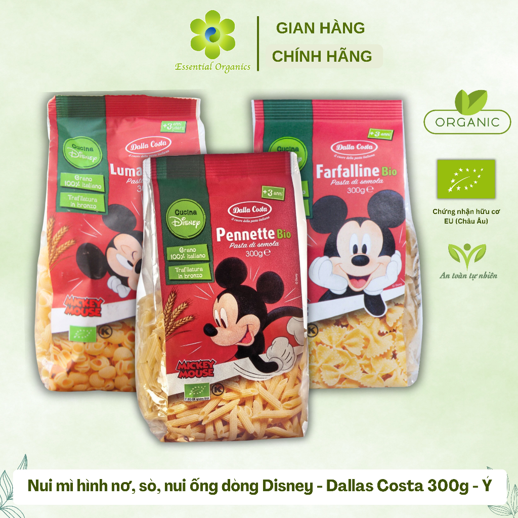 Nui hình nơ/sò/nui ống hữu cơ cho bé ăn dặm Dalla Costa Organic Disney LumaChine Bio 300gr date 11/2024