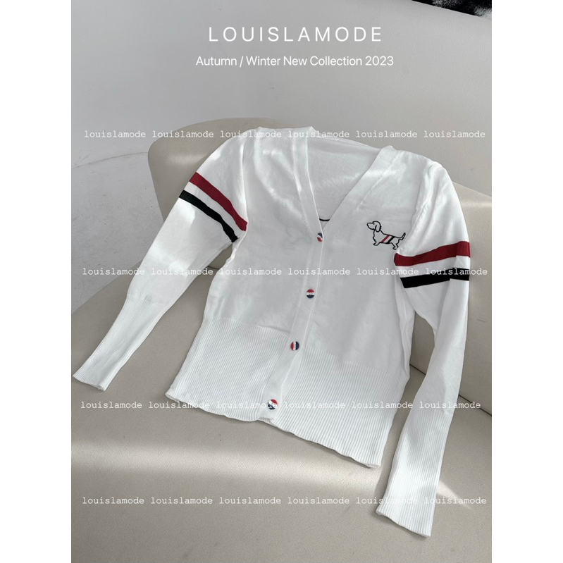 Áo Khoác Len Cardigan Lửng Kẻ Vạch Tay Thêu Hình Cún