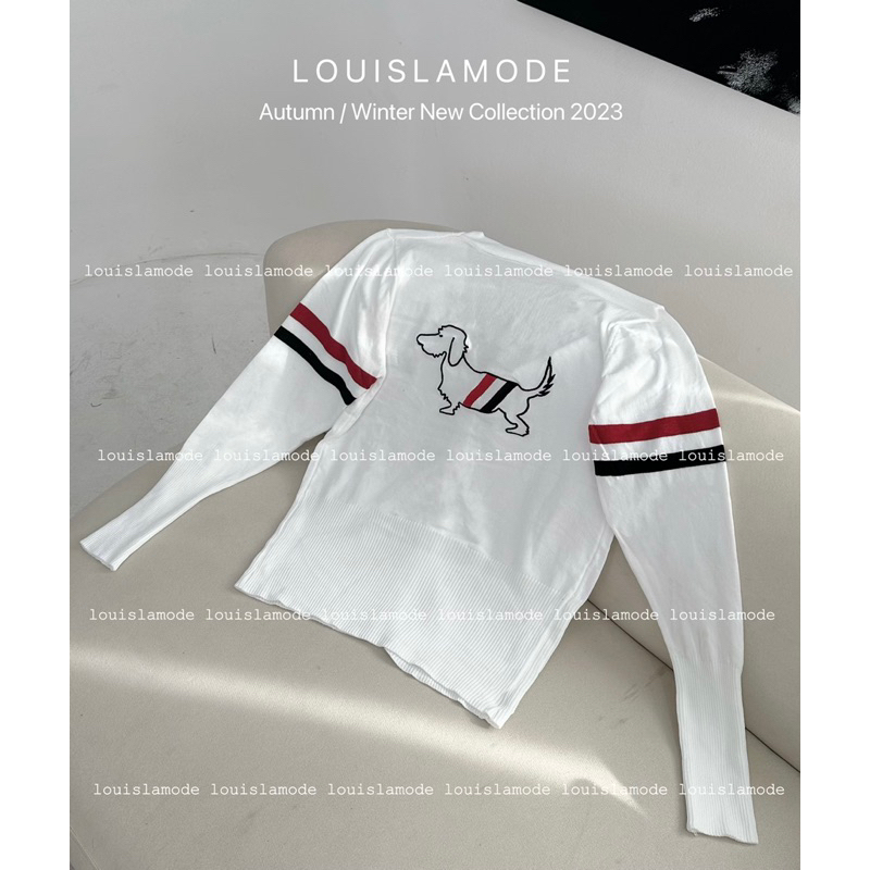 Áo Khoác Len Cardigan Lửng Kẻ Vạch Tay Thêu Hình Cún