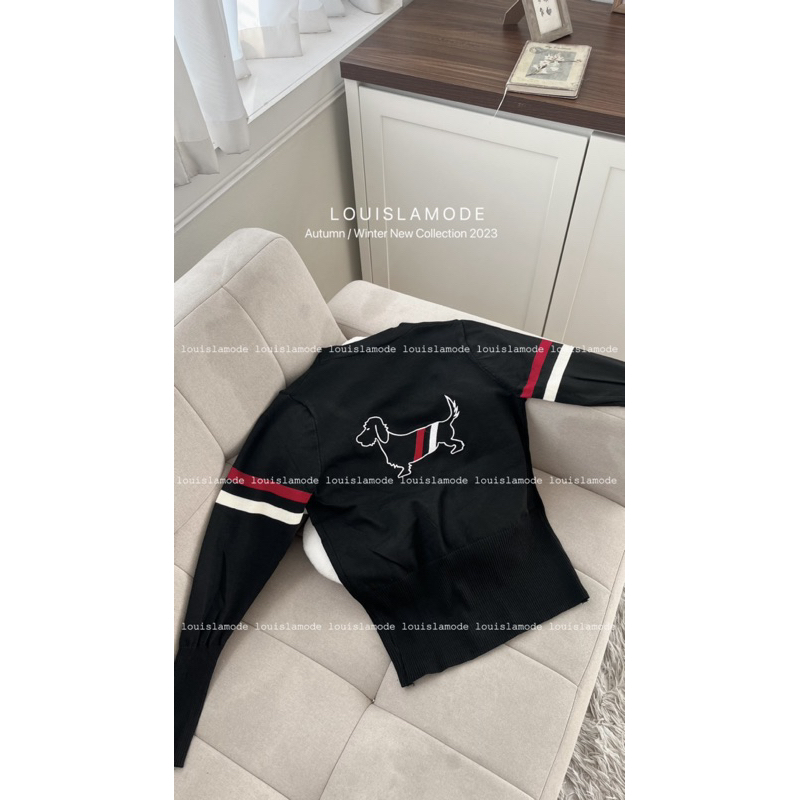 Áo Khoác Len Cardigan Lửng Kẻ Vạch Tay Thêu Hình Cún