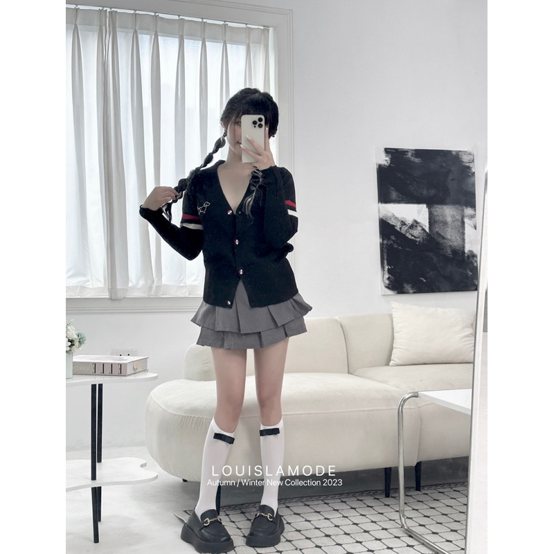 Áo Khoác Len Cardigan Lửng Kẻ Vạch Tay Thêu Hình Cún