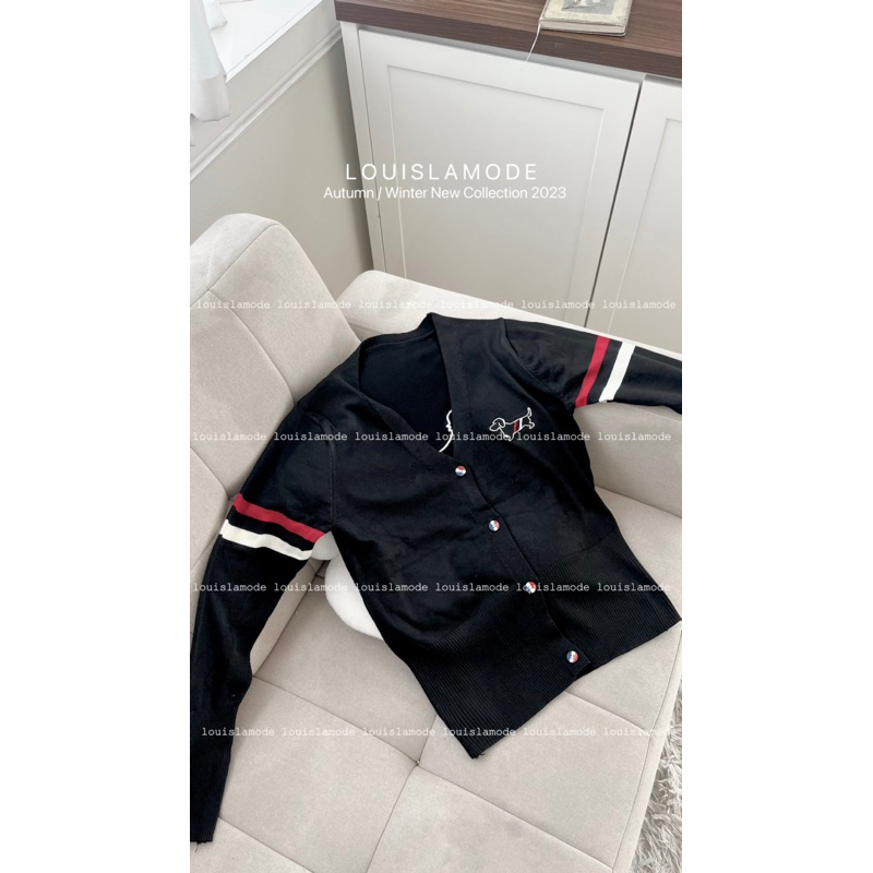 Áo Khoác Len Cardigan Lửng Kẻ Vạch Tay Thêu Hình Cún