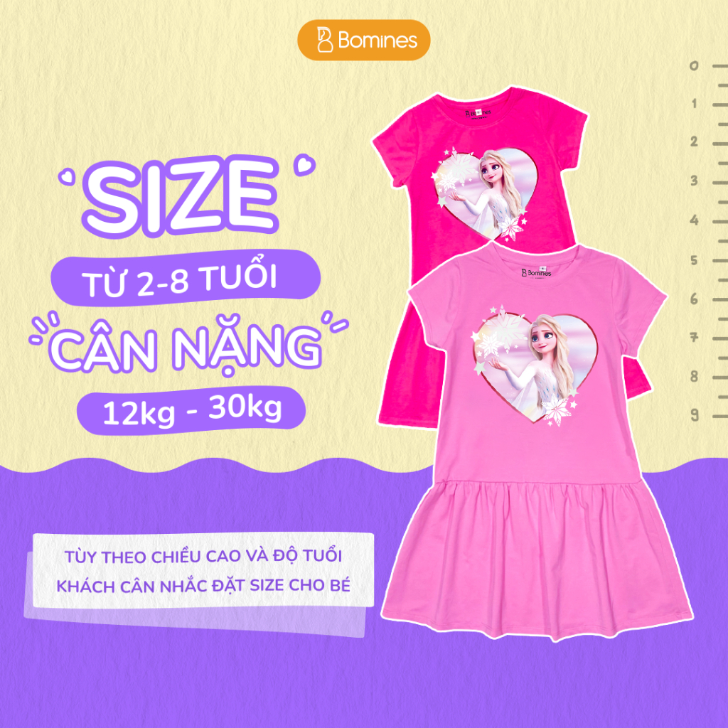 Váy bé gái công chúa Elsa BOMINES, cotton thoáng mát đủ size cho bé 2- 8 tuổi, 9- 24kg DTNELSATIMBONGTUYET