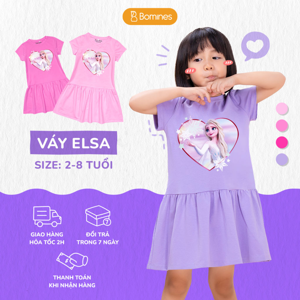 Váy bé gái công chúa Elsa BOMINES, cotton thoáng mát đủ size cho bé 2- 8 tuổi, 9- 24kg DTNELSATIMBONGTUYET