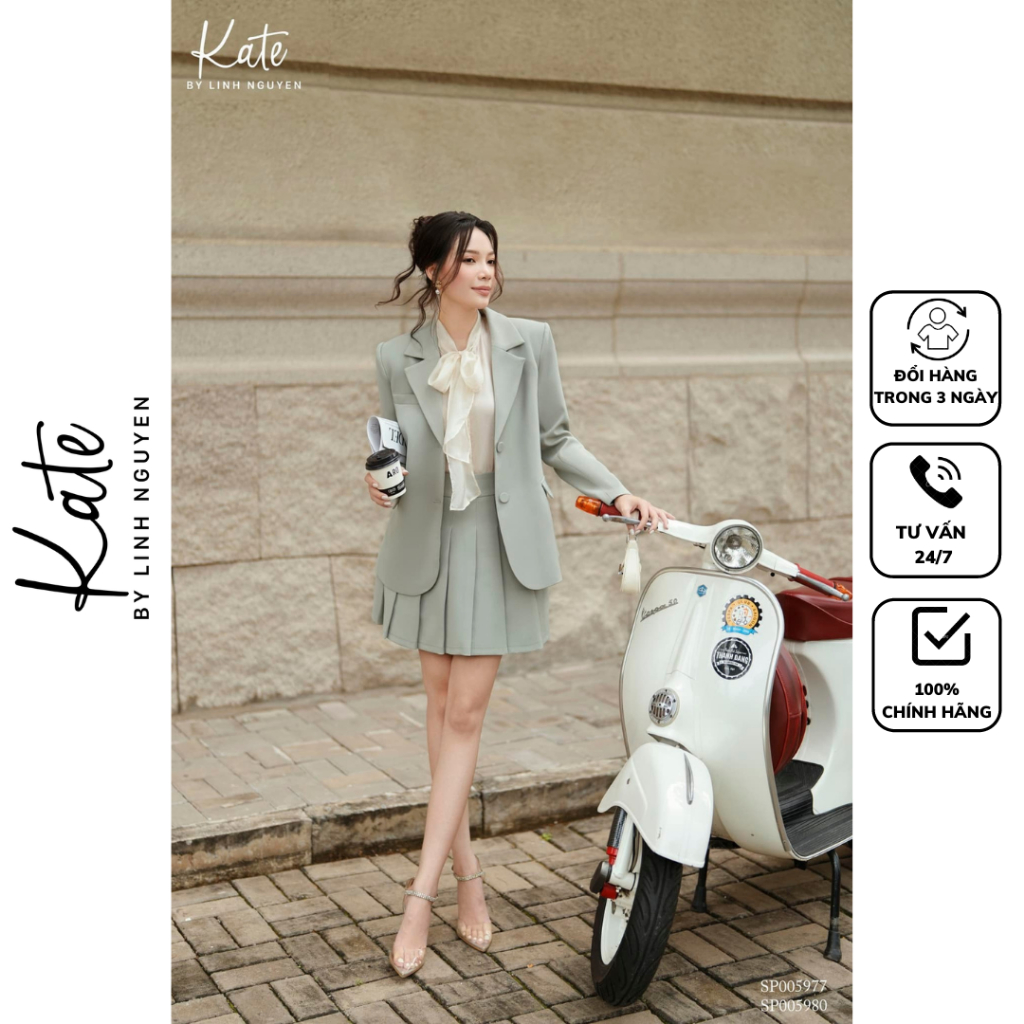 Áo blazer xanh ghi 5977 chân váy xếp ly 5980 áo tơ óng cổ thắt nơ 6089 thời trang thiết kế Kate by Linh Nguyen