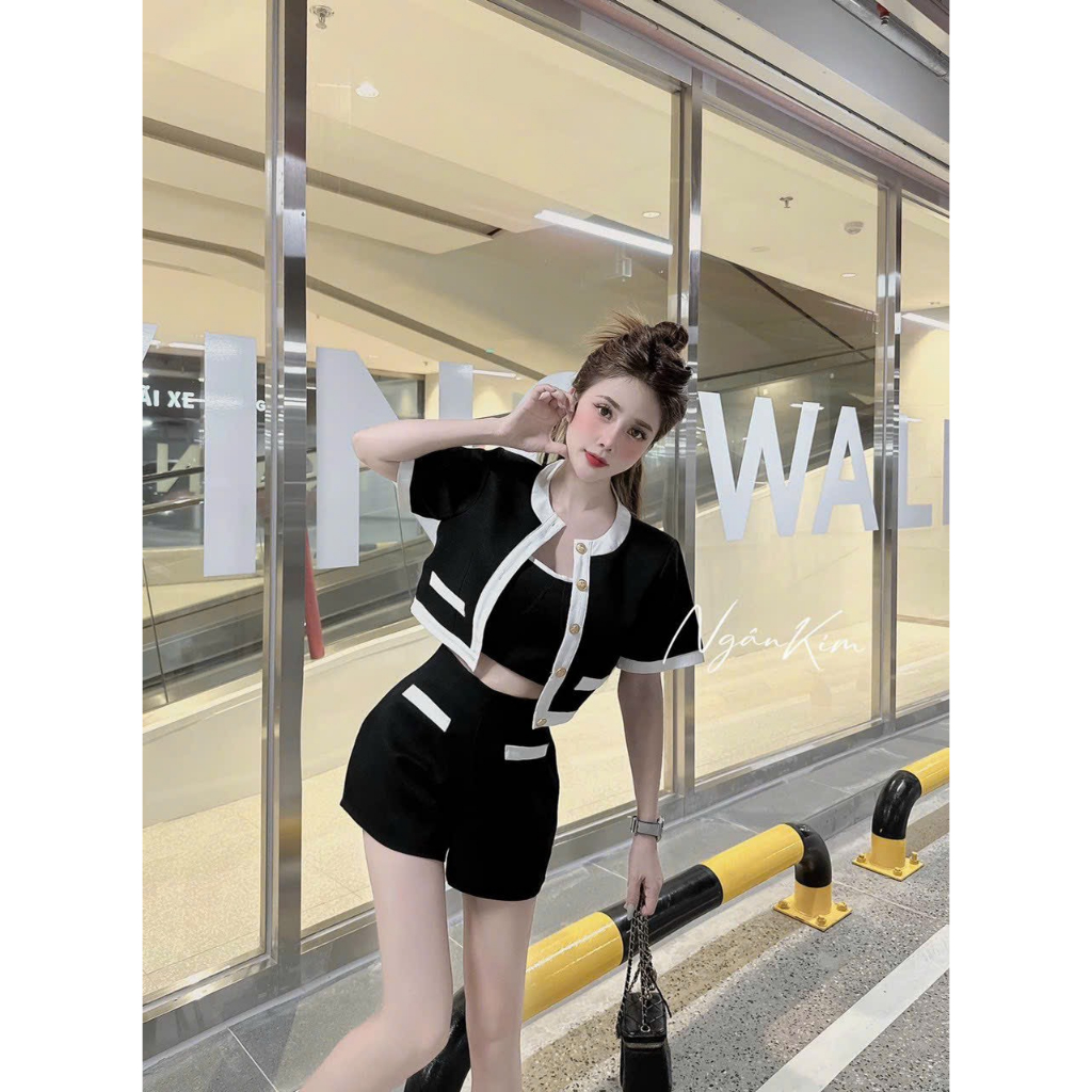 Set đồ 3 món tiểu thư phối viền có nút quần đùi ống rộng áo 2 dây sẵn mút siêu sang cho nàng đi tiệc cafe