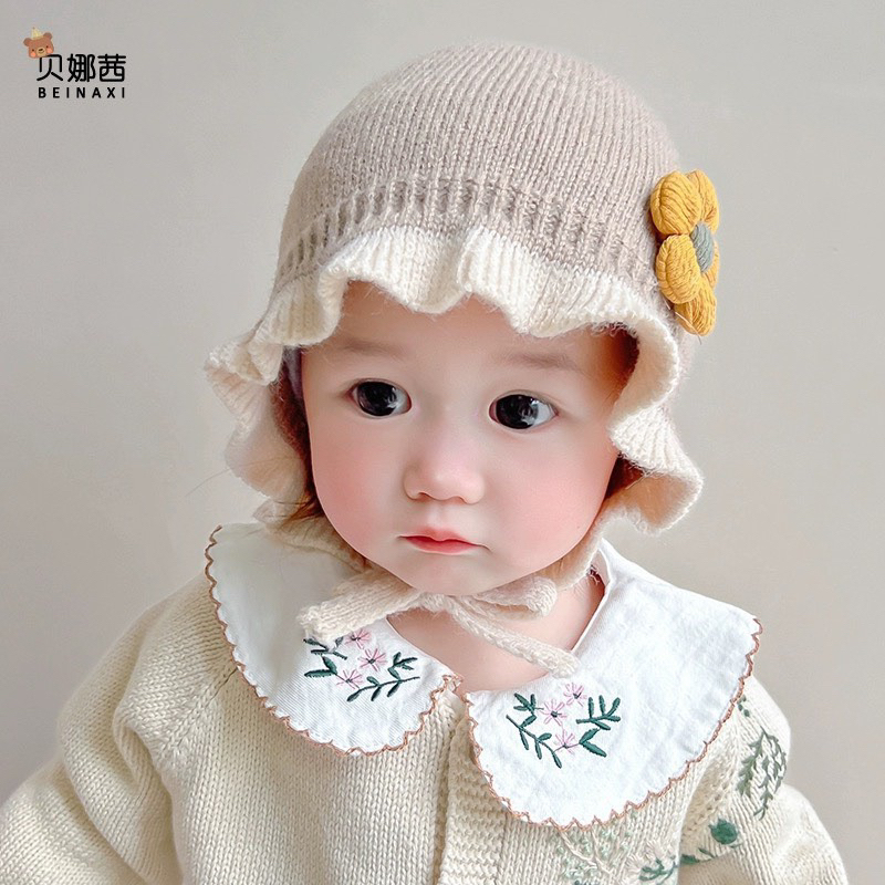 Mũ nón len bèo đính hoa phối cho bé gái 3 tháng - 2 tuổi