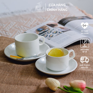 Tách trà, cafe trắng trơn và đĩa lót tách sứ Minh Châu - Ly sứ bày tiệc, nhà hàng, quán nước - In theo yêu cầu