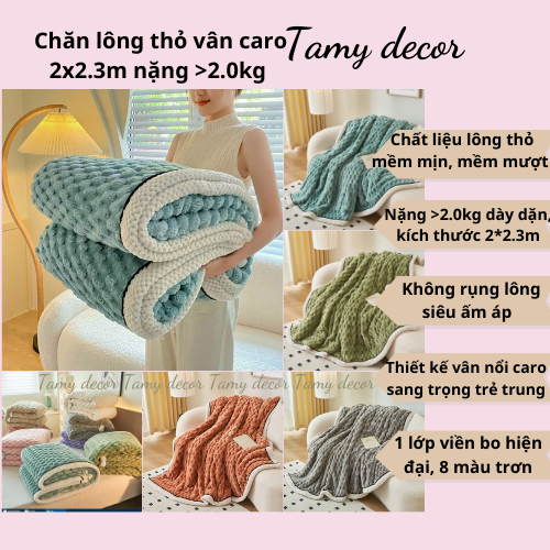 Chăn lông thỏ vân nổi caro nặng >2.0kg Tamy Decor kích thước 2*2.3m đắp ấm áp, nhẹ tênh, để sofa phòng khách