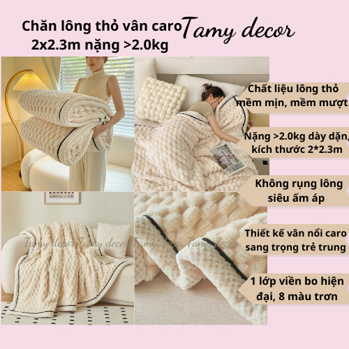 Chăn lông thỏ vân nổi caro nặng >2.0kg Tamy Decor kích thước 2*2.3m đắp ấm áp, nhẹ tênh, để sofa phòng khách