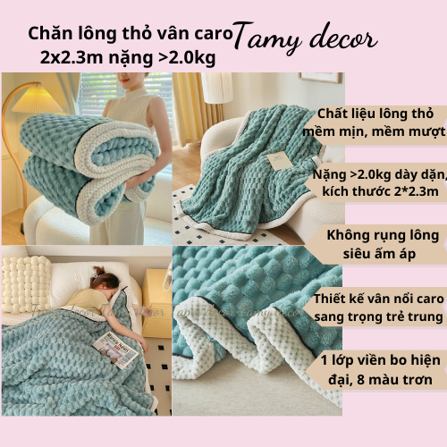 Chăn lông thỏ vân nổi caro nặng >2.0kg Tamy Decor kích thước 2*2.3m đắp ấm áp, nhẹ tênh, để sofa phòng khách