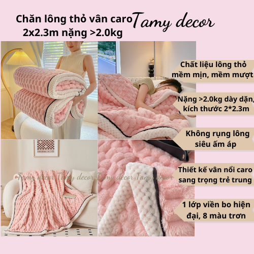 Chăn lông thỏ vân nổi caro nặng >2.0kg Tamy Decor kích thước 2*2.3m đắp ấm áp, nhẹ tênh, để sofa phòng khách