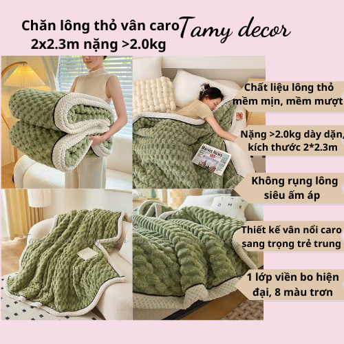 Chăn lông thỏ vân nổi caro nặng >2.0kg Tamy Decor kích thước 2*2.3m đắp ấm áp, nhẹ tênh, để sofa phòng khách