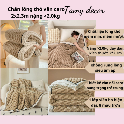 Chăn lông thỏ vân nổi caro nặng >2.0kg Tamy Decor kích thước 2*2.3m đắp ấm áp, nhẹ tênh, để sofa phòng khách