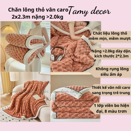 Chăn lông thỏ vân nổi caro nặng >2.0kg Tamy Decor kích thước 2*2.3m đắp ấm áp, nhẹ tênh, để sofa phòng khách
