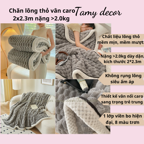 Chăn lông thỏ vân nổi caro nặng >2.0kg Tamy Decor kích thước 2*2.3m đắp ấm áp, nhẹ tênh, để sofa phòng khách