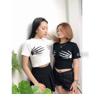 Áo croptop thun bozip tay ngắn in bàn tay xương sexy