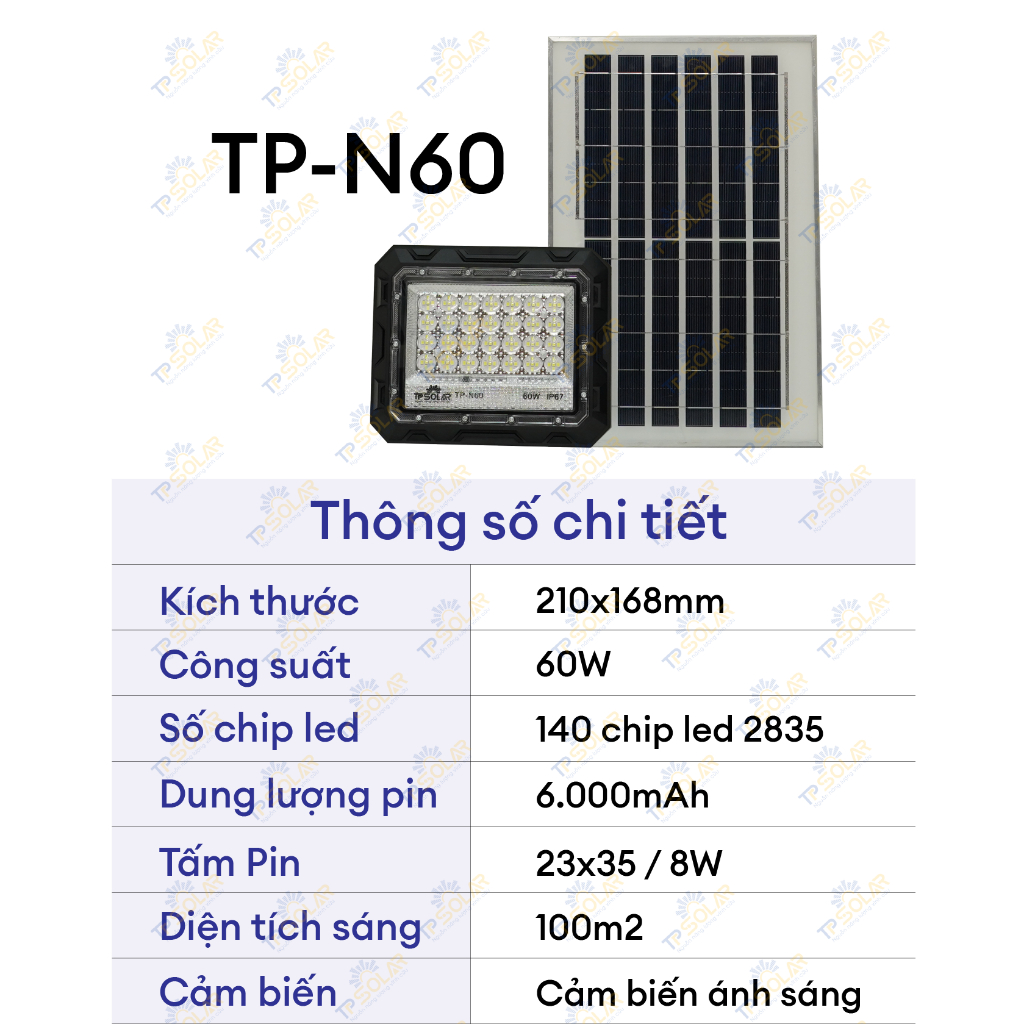 Đèn Pha Chống Chói Năng Lượng Mặt Trời TP Solar TP-N60 Công Suất 60W Cảm Biến Ánh Sáng, Chống Nước IP67, Bảo Hành 3 Năm