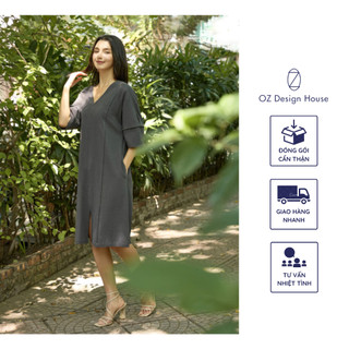 Đầm nữ OZ Design House DA01391AUT23 linen cổ tim dáng suông nối tay màu ghi