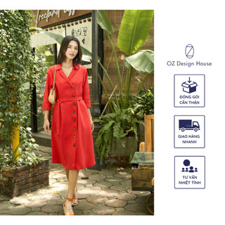 Đầm nữ OZ Design House DA16351AUT23 thô chun cổ hai ve tay lỡ nẹp giao khuy màu đỏ tươi