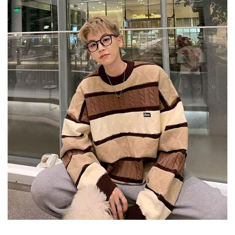 Áo Len Nam Cổ Tròn Kẻ Ngang Quảng Châu Phối Màu Kiểu Dáng Sweater Unisex Phong Cách Hàn Quốc DYACI AL64