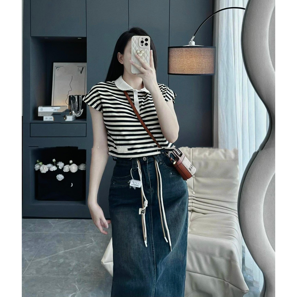 Set áo kẻ cổ bèo kèm chân váy bò TH961