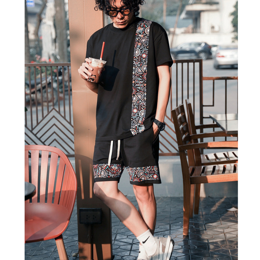 Quần short nam LAEMAO chất cotton nỉ da cá, họa tiết AZTEC TRIBAL