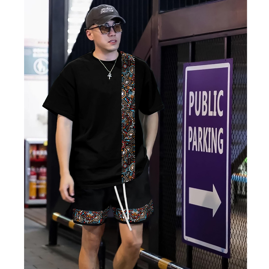 Quần short nam LAEMAO chất cotton nỉ da cá, họa tiết AZTEC TRIBAL