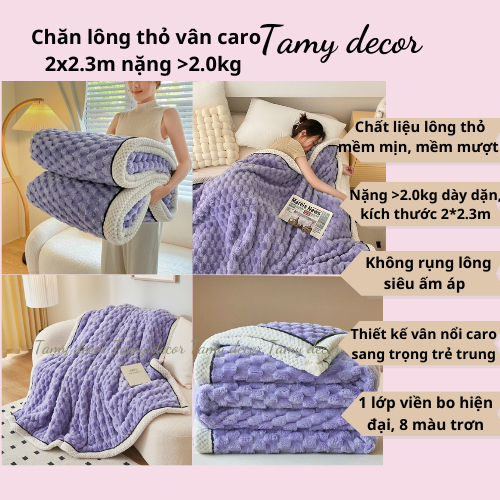 Chăn lông thỏ vân nổi caro nặng >2.0kg Tamy Decor kích thước 2*2.3m đắp ấm áp, nhẹ tênh, để sofa phòng khách