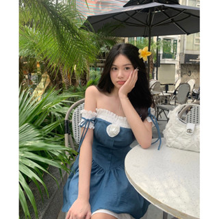 [Cherry Dress] Váy bò denim trễ vai cúp ngực dáng xoè hai tầng điệu đà đính hoa đi tiệc, cafe , chơi tết Lala Crush