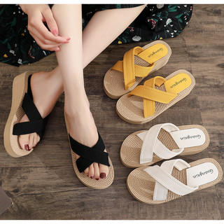 Dép đế xuồng nữ tăng chiều cao 5cm vân cói, quai chéo siêu mềm đẹp DN24