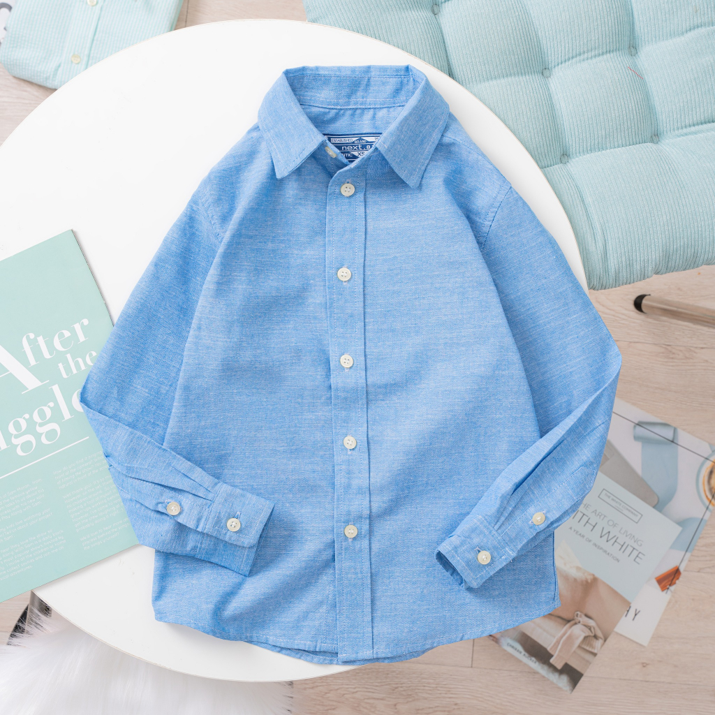 Áo sơ mi bé trai tay dài chất vải cotton mềm mịn thoáng mát size từ 25kg đến 45kg có 2 màu xanh lá sọc, xanh biển
