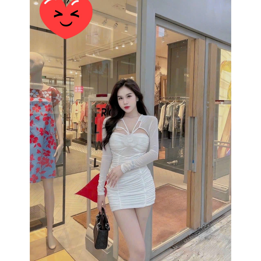 Đầm body nhún cổ dây tay lưới ngực đính hoa siêu cute