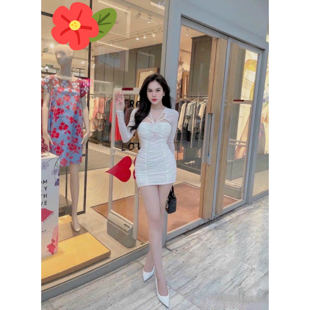 Đầm body nhún cổ dây tay lưới ngực đính hoa siêu cute