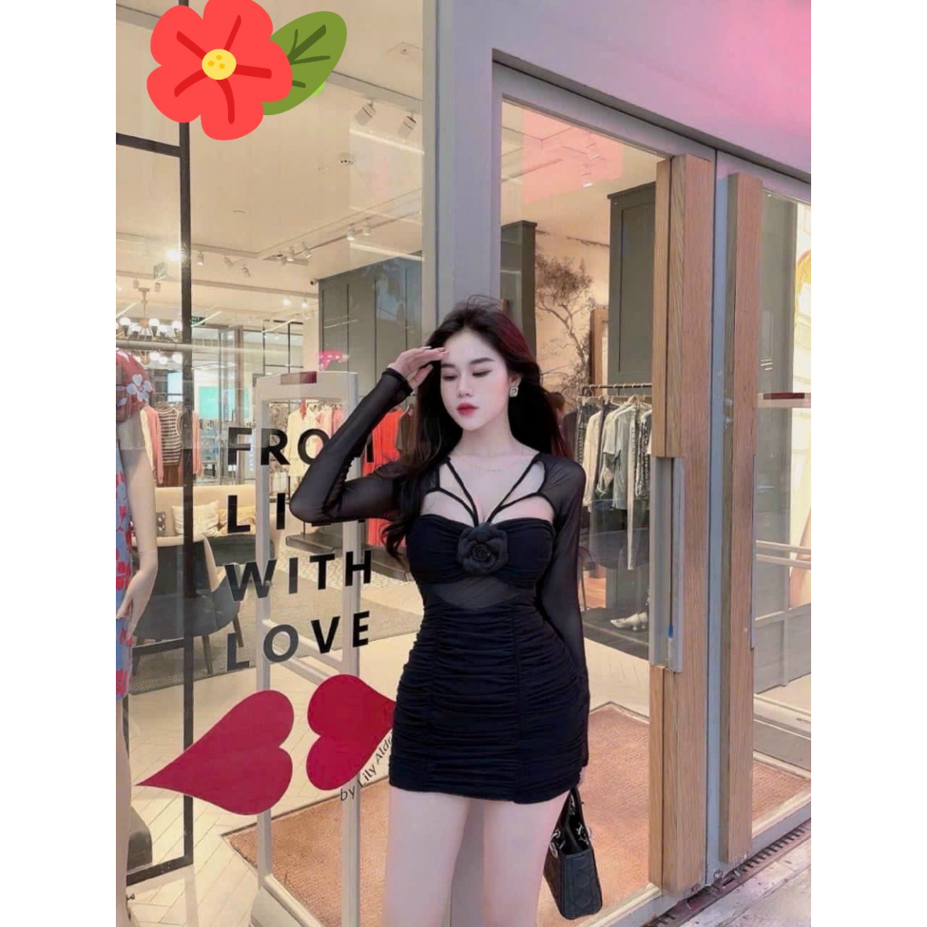 Đầm body nhún cổ dây tay lưới ngực đính hoa siêu cute