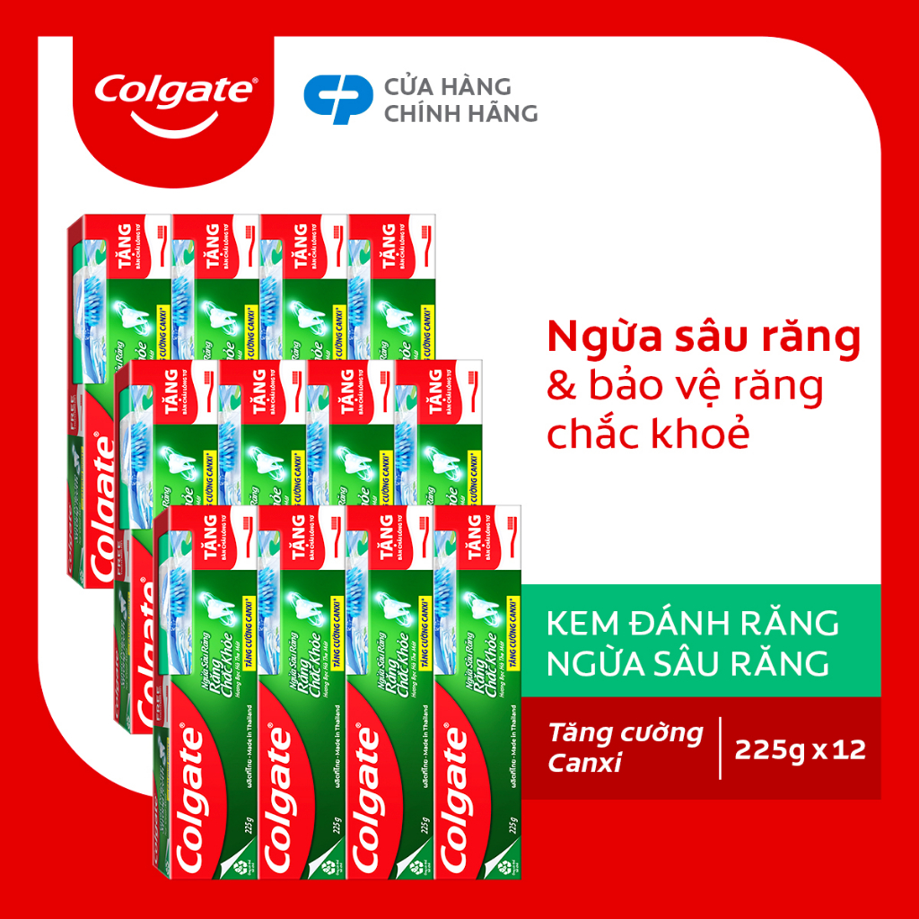 Bộ 12 Kem đánh răng Colgate ngừa sâu răng răng chắc khỏe 225g/tuýp tặng bàn chải