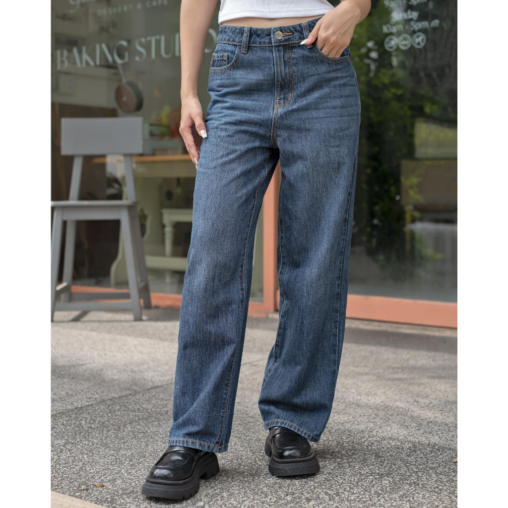 HASHTAGEM - Quần Jeans Nữ Loose Jeans Stone Blue LSJ.12 Ống Suông Rộng, Lưng Cao, Màu Sắc Thanh Lịch