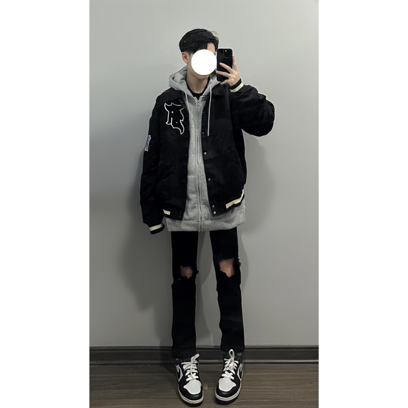 Quần Jean đen rách gối nam form bó