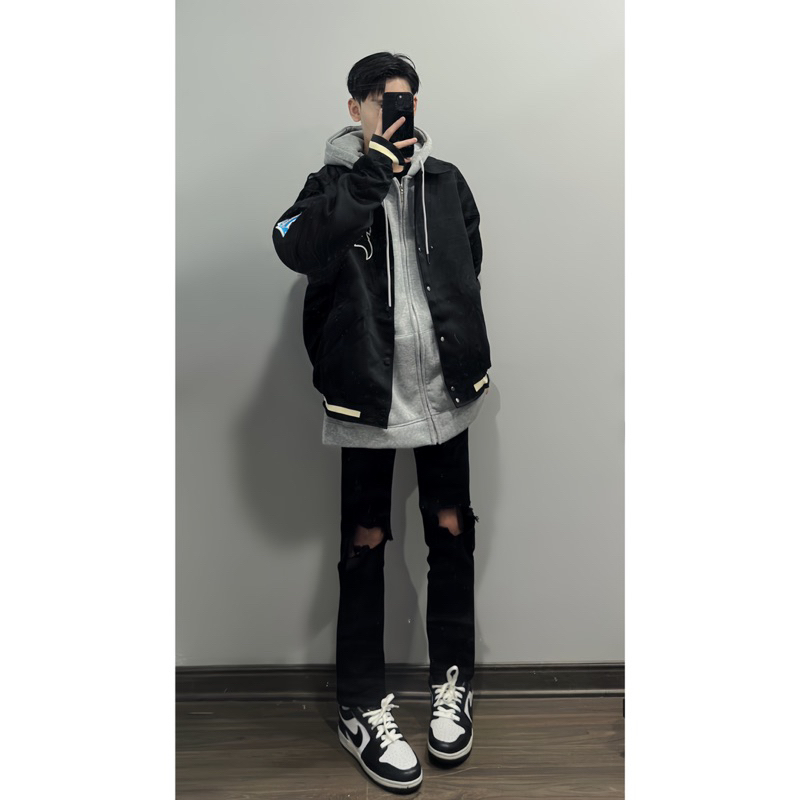 Quần Jean đen rách gối nam form bó