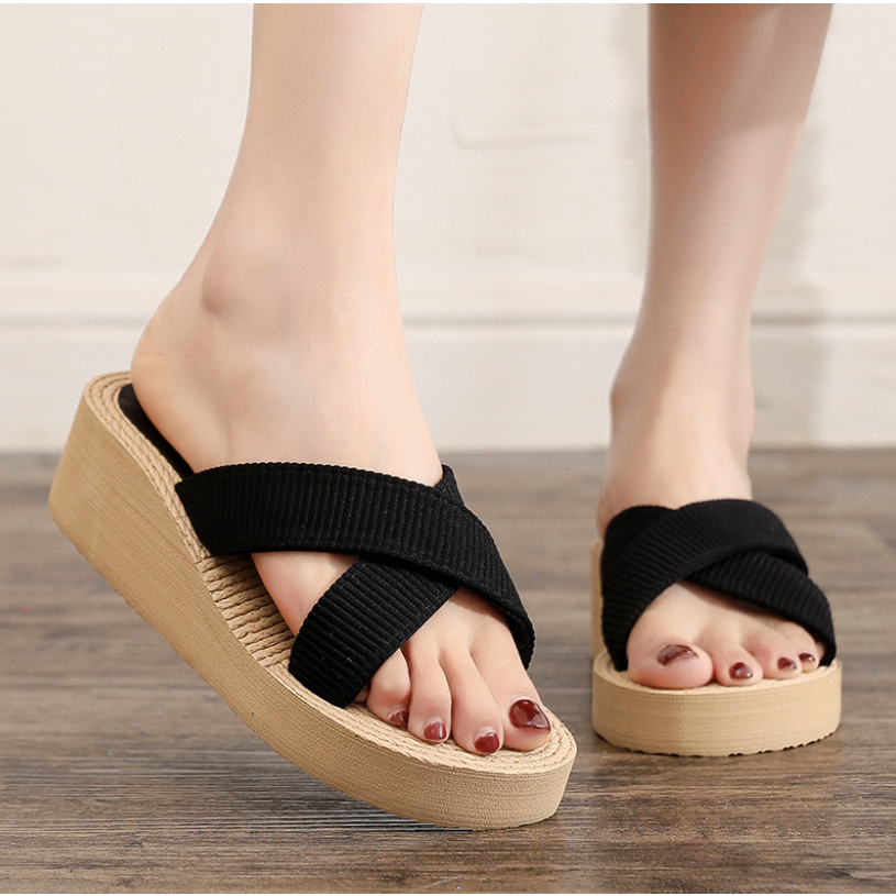 Dép đế cao 5cm vân cói thời trang nữ quai chéo siêu mềm đẹp DN24