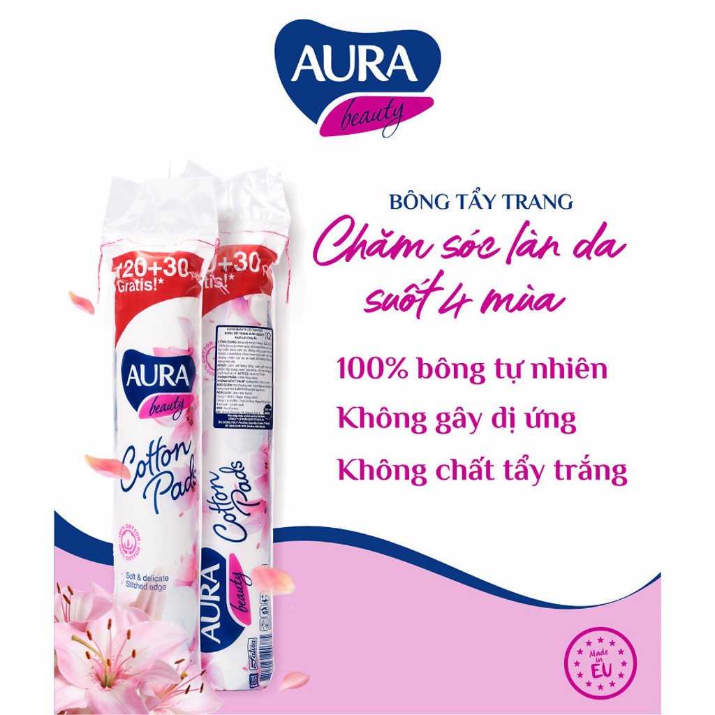 Bông tẩy trang Aura cao cấp gói 150 miếng - Xuất xứ Ba Lan
