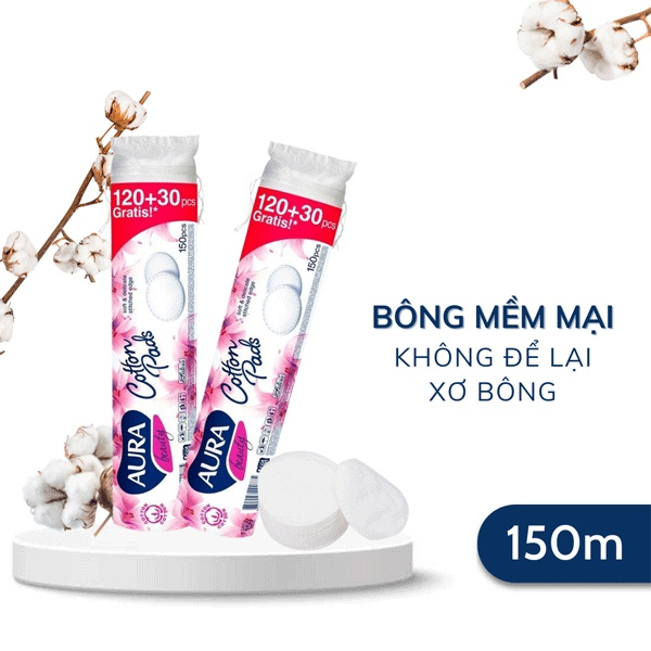 Bông tẩy trang Aura cao cấp gói 150 miếng - Xuất xứ Ba Lan