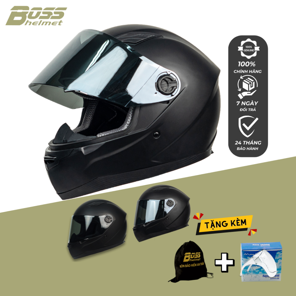 Nón Bảo Hiểm Moto FullFace BOSS AT30 Kính Chống Trầy Cao Cấp (Tặng balo vải đựng nón)